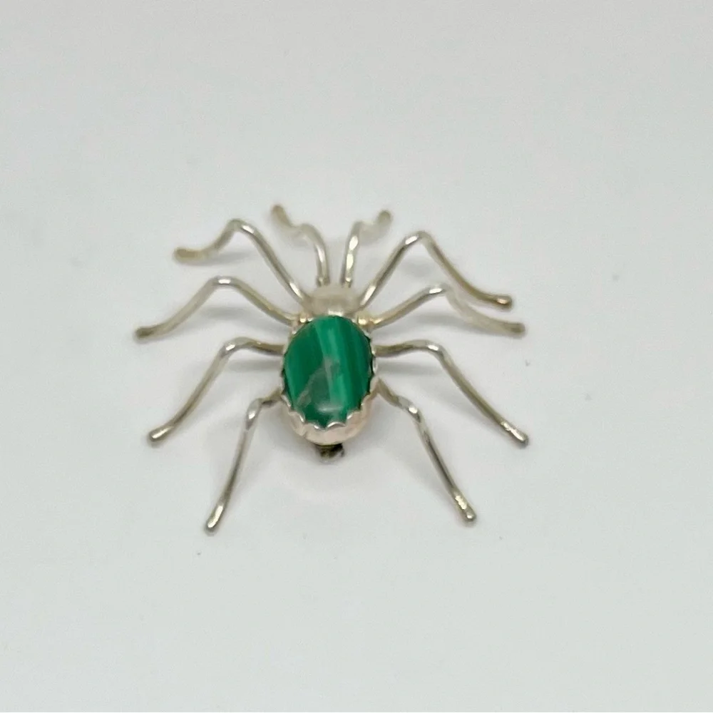 Vintage Silver & Malachite Spider Brooch